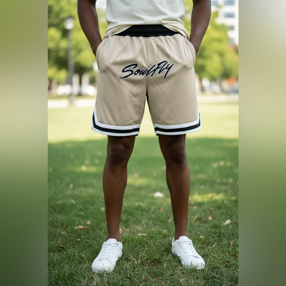 NWT Rod Wave SOULFLY Men’s Beige Shorts Butterfly Embroidered Patches & Logo XXL